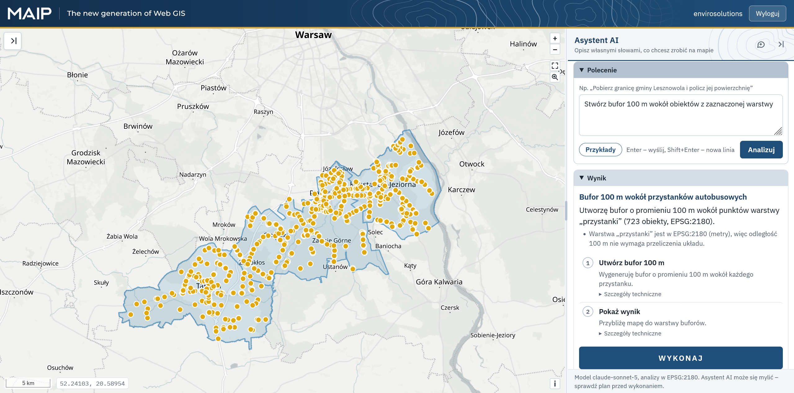 Asystent AI w geoportalu MAIP tworzący plan buforowania przystanków autobusowych