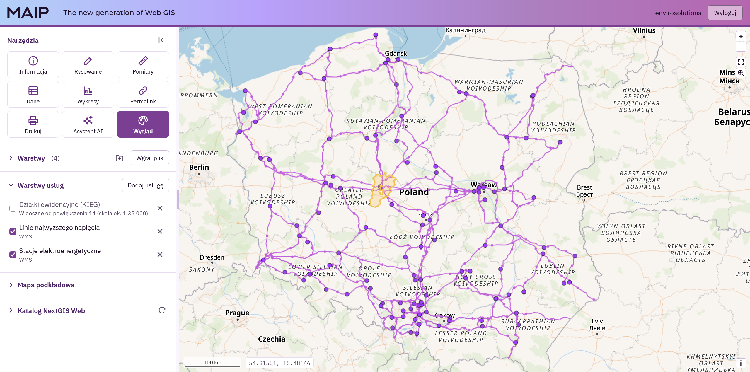 Geoportal MAIP z dodanymi usługami WMS sieci elektroenergetycznej na mapie Polski