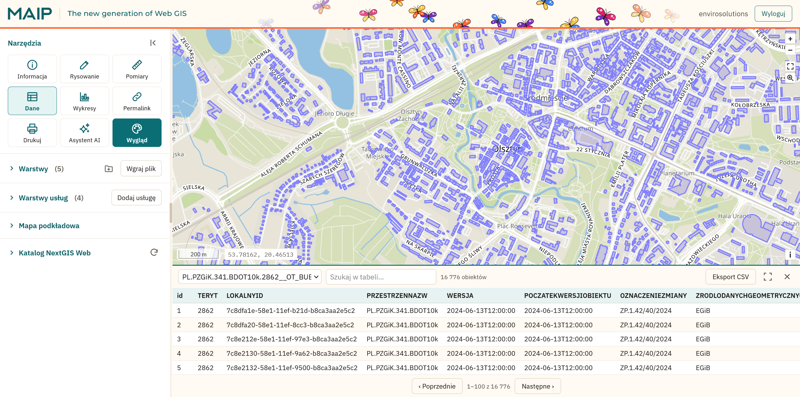 Geoportal MAIP: mapa Olsztyna z budynkami BDOT10k i tabelą atrybutów