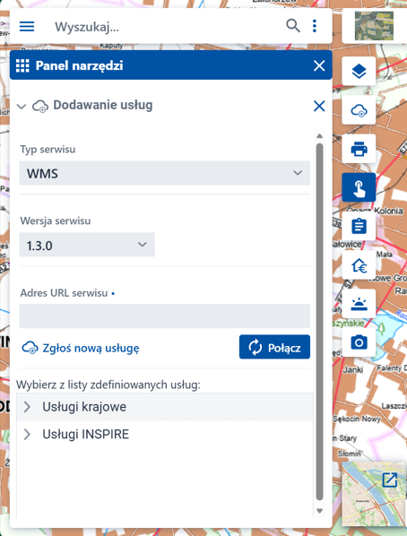 Panel Dodawanie usług w Geoportalu z polem typu serwisu i adresu URL do podłączenia OGC API Features