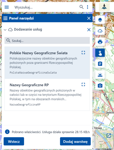 Warstwa Polskie Nazwy Geograficzne Świata z PRNG wczytana w QGIS przez OGC API Features na mapie OpenStreetMap
