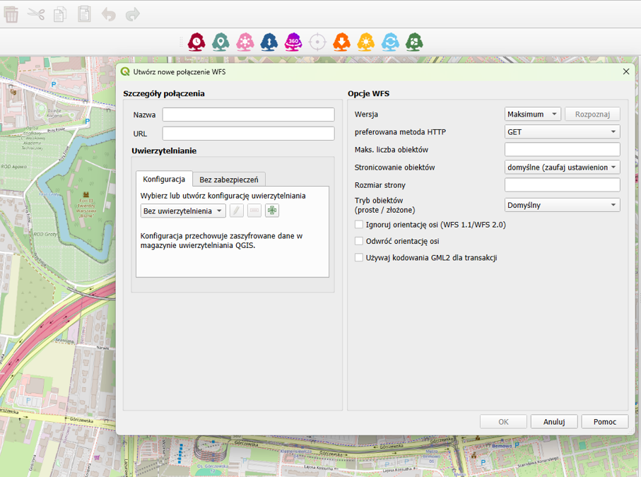 Panel Przeglądarka w QGIS z pozycją WFS / OGC API – obiekty do dodania nowego połączenia