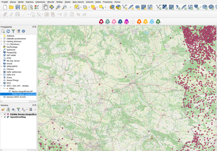 Wybór warstwy PRNG w Geoportalu – Polskie Nazwy Geograficzne Świata i Nazwy Geograficzne RP