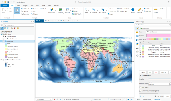 Panel Symbolizacja w QGIS z wtyczką ArcSkin – rampy kolorów w stylu ArcGIS Pro na mapie świata